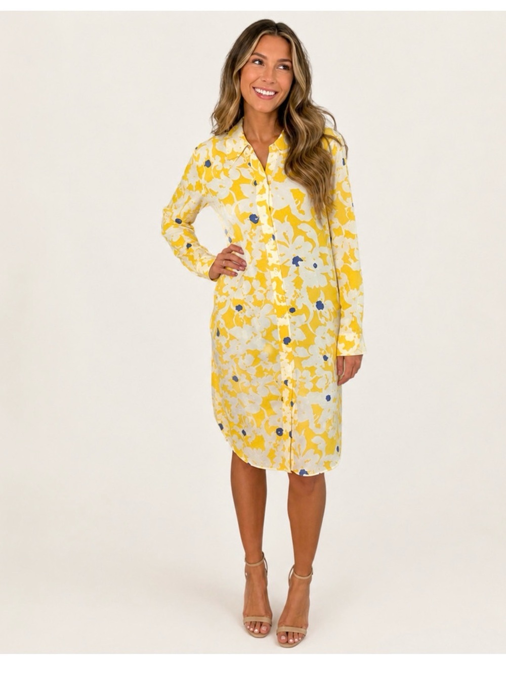 Diane Von Furstenberg DVF Yellow Floral Long-Sleeve Shirt Dress 2 in 1 XS/S